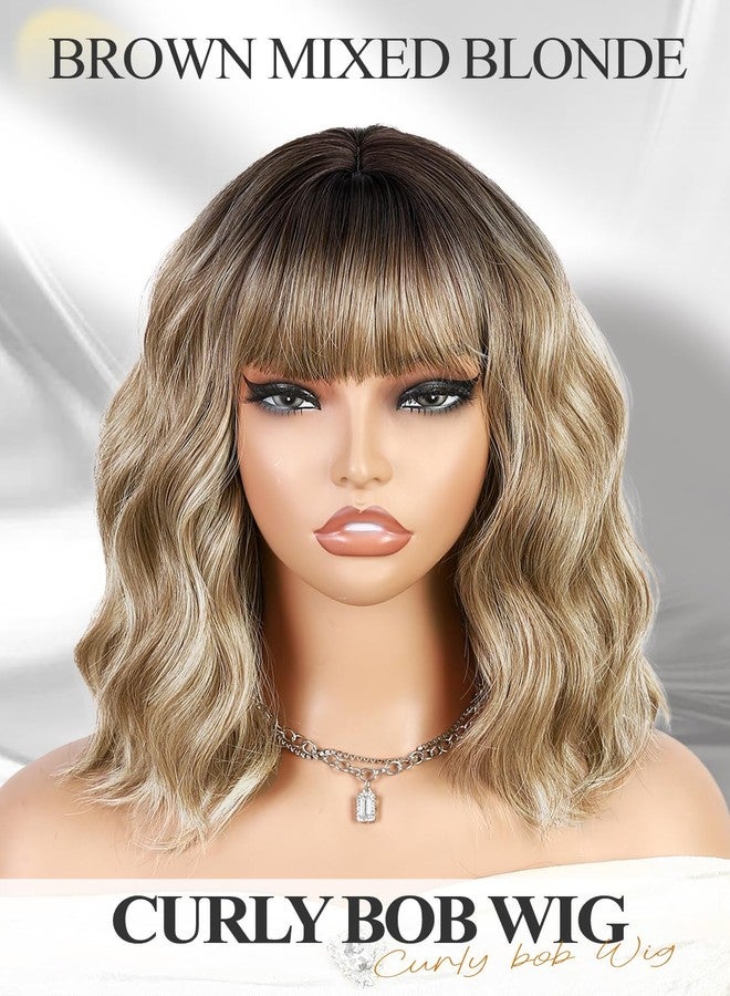 WIGER Short Bob Wave Hair with Bangs Synthetic Mixed Blonde Curly Wigs for Young and Middle-aged Women Daily Wear & Cosplay Costume - Image 2
